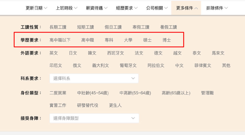 台湾の就職サイト「104人力銀行」の求人情報絞り込み（學歷要求）