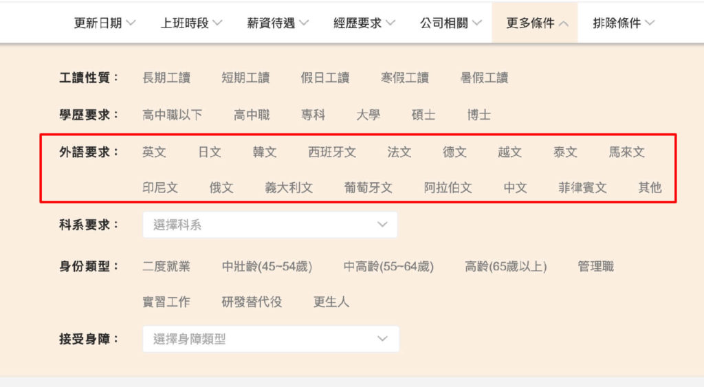 台湾の就職サイト「104人力銀行」の求人情報絞り込み（外語要求）